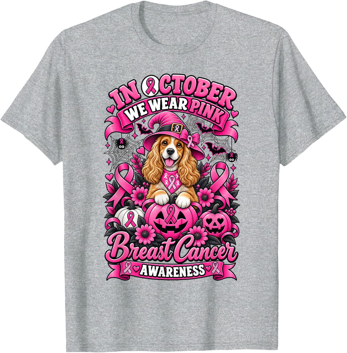 in October We Wear Pink Ghost Cocker Spaniel Dog T-Shirt - Heather Grey