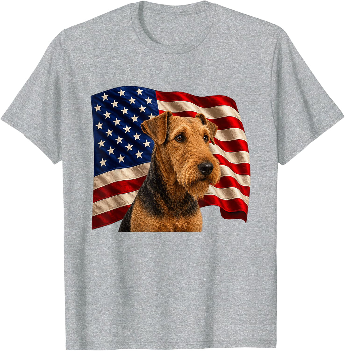 Patriotic 4th July USA Flag Airedale Terrier T-Shirt - Heather Grey