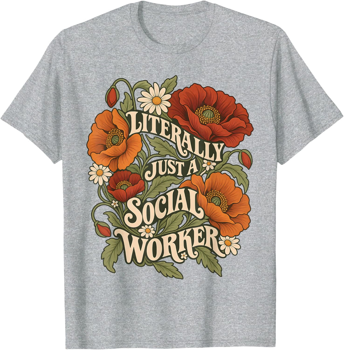 Literally Just A Social Worker Retro Poppies Women T-Shirt - Heather Grey