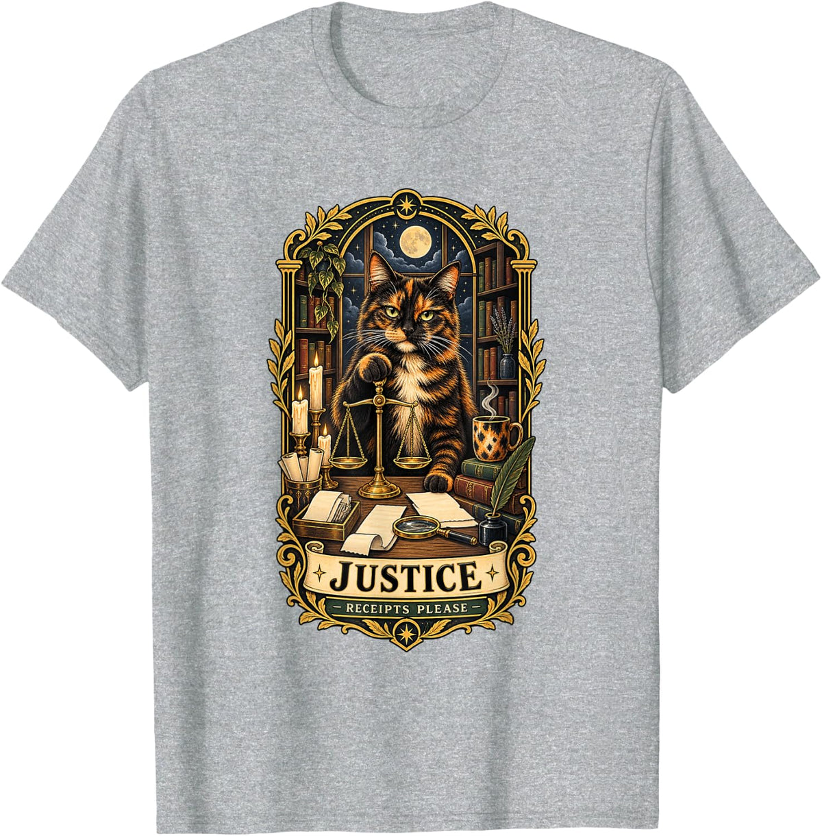 Tortie Cat Justice Tarot T-Shirt - Heather Grey