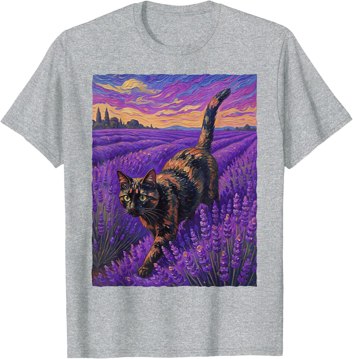Tortoiseshell Tortie Cat Lavender Field Oil Painting T-Shirt - Heather Grey