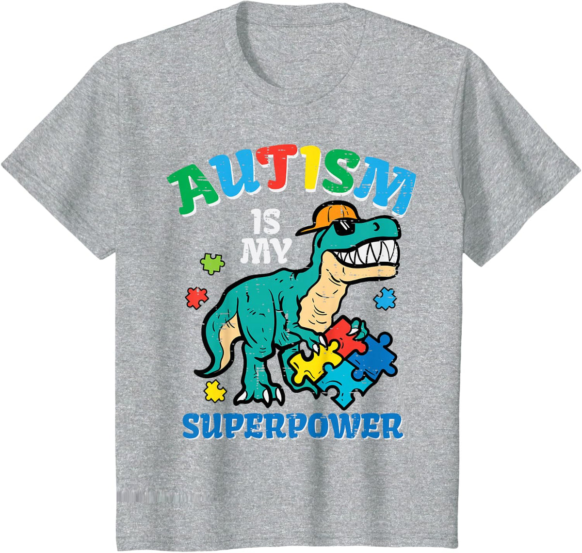 Kids Autism Is My Superpower Dino Awareness Trex Boys Kids Youth T-Shirt - Heather Grey